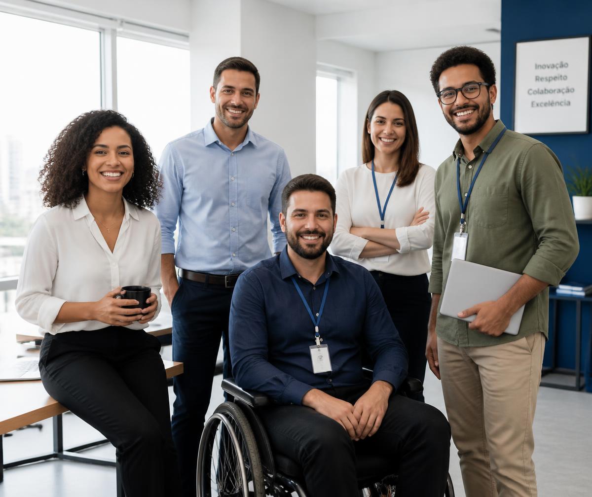 Equipe diversa de profissionais sorrindo em um escritório claro, incluindo um homem usuário de cadeira de rodas